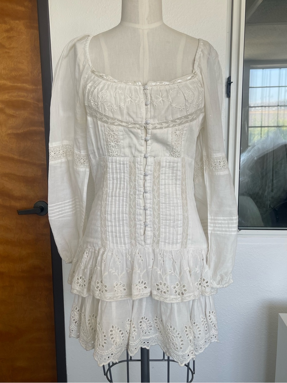 LOVESHACKFANCY TIERED WHITE EYELET LACE MINI DRESS